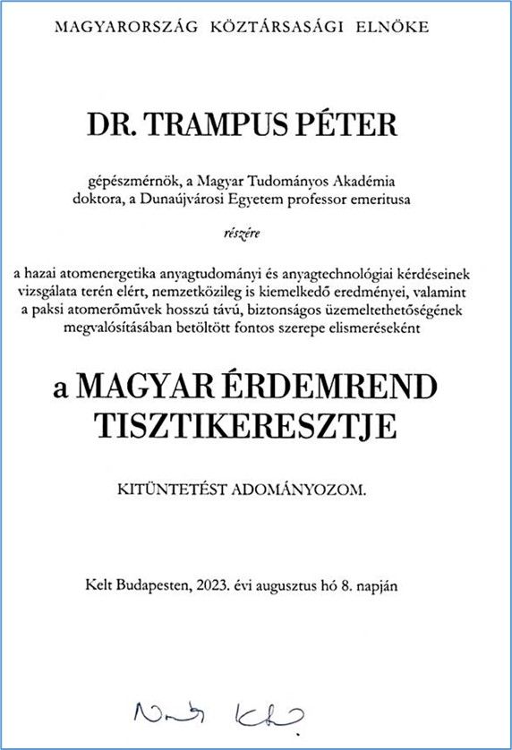Dr. Trampus Péter kitüntetése