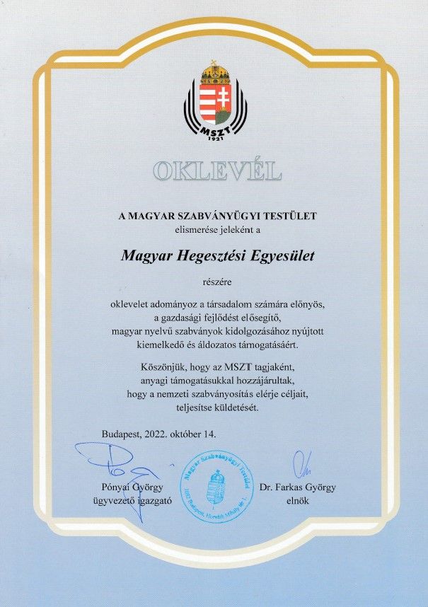 Oklevél a Magyar Szabványügyi Testület-től a MAHEG számára